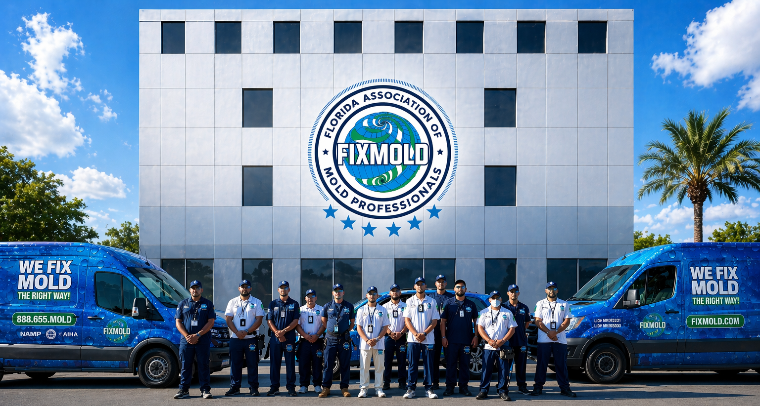 Team of FixMold mold remediation professionals standing outside company headquarters with branded service vehicles.