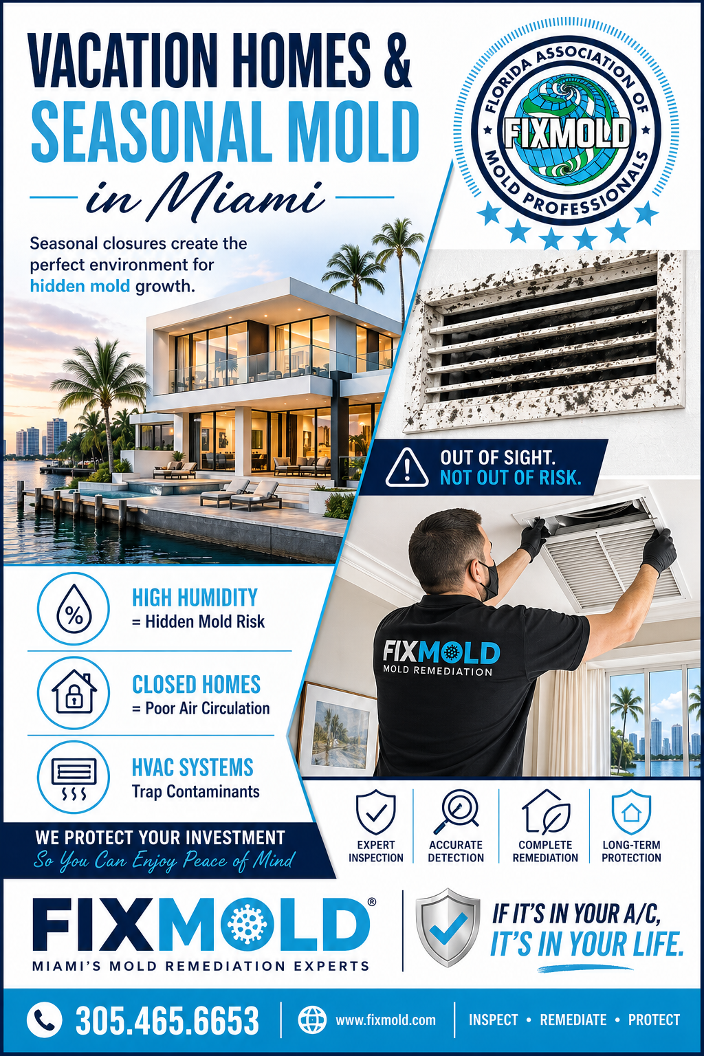 Vacation home in Miami with hidden mold risks, HVAC vent mold, and FixMold mold remediation services for seasonal properties.
