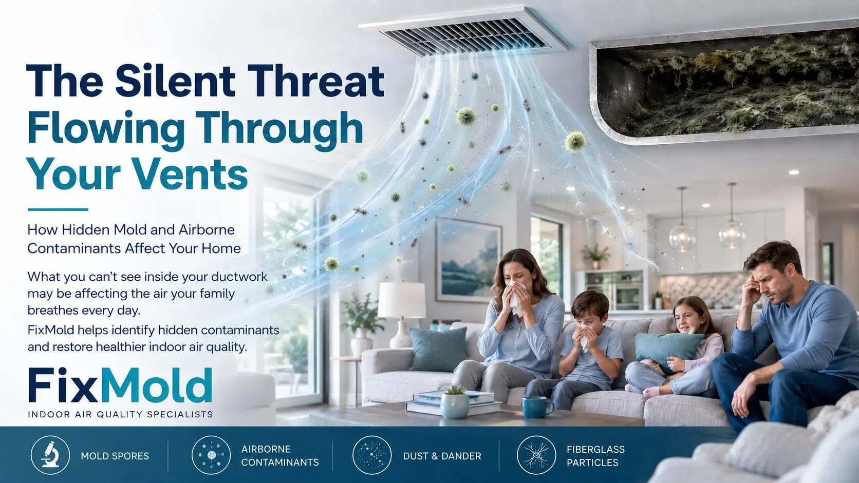 FixMold Hidden mold and airborne contaminants flowing through HVAC vents affecting indoor air quality in a family home.