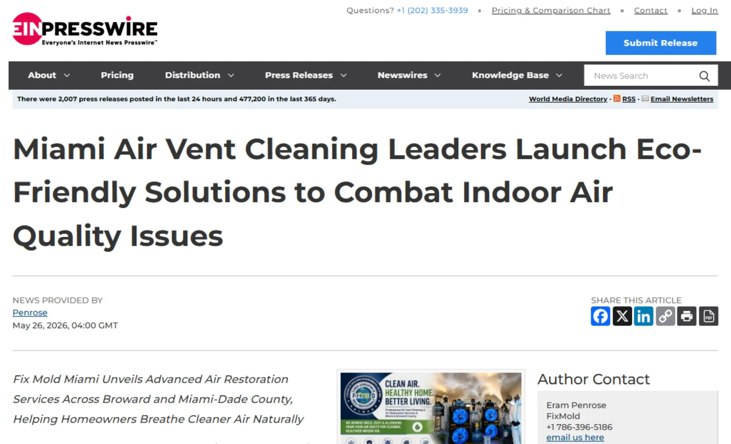 Miami Air Vent Cleaning Leaders Launch Eco-Friendly Solutions to Combat Indoor Air Quality Issues