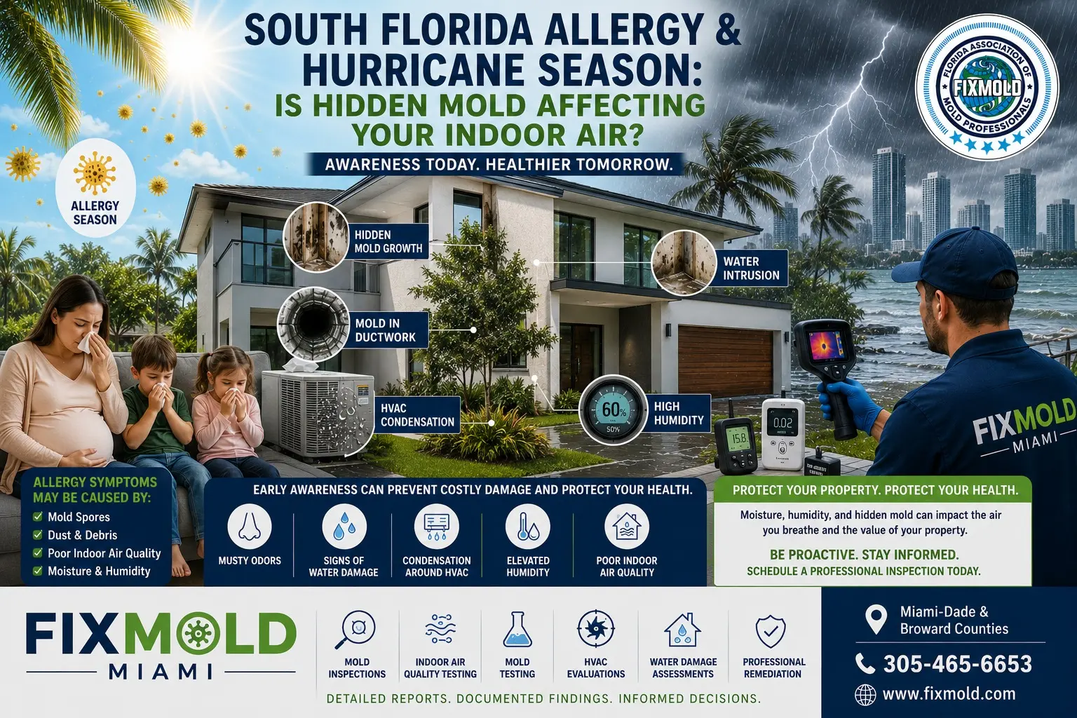 Infographic advertisement showing a Florida home with mold indicators and a technician testing indoor air for mold.