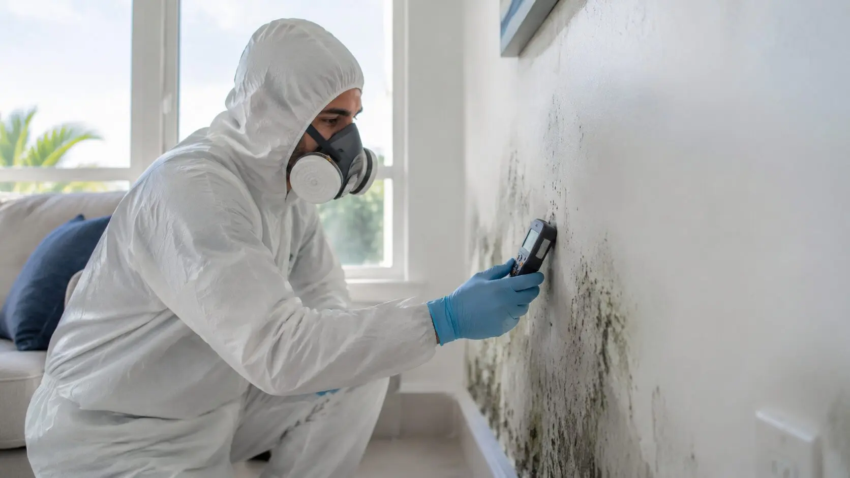 Certified mold remediation technician inspecting a wall for mold growth in a Miami home