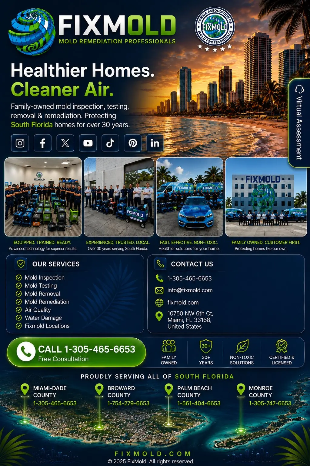 FixMold Miami footer with company introduction, service gallery, mold services, contact details, trust credentials and South Florida service areas